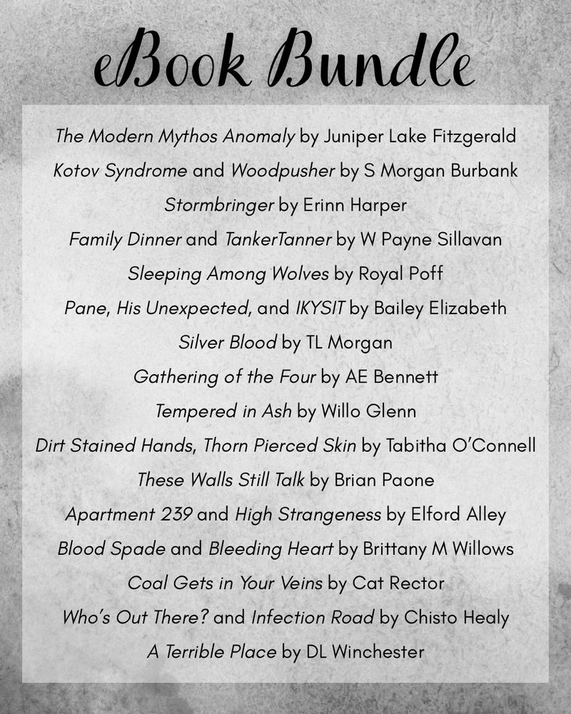 “Ebook Bundle” with list of books:

The Modern Mythos Anomaly by Juniper Lake Fitzgerald
Kotov Syndrome and Woodpusher by S Morgan Burbank
Stormbringer by Erinn Harper
Family Dinner and TankerTanner by W Payne Sillavan
Sleeping Among Wolves by Royal Poff
Pane, His Unexpected, and IKYSIT by Bailey Elizabeth
Silver Blood by TL Morgan
Gathering of the Four by AE Bennett
Tempered in Ash by Willo Glenn
Dirt Stained Hands, Thorn Pierced Skin by Tabitha O’Connell
These Walls Still Talk by Brian Paone
Apartment 239 and High Strangeness by Elford Alley
Blood Spade and Bleeding Heart by Brittany M Willows
Coal Gets in Your Veins by Cat Rector
Who’s Out There? and Infection Road by Chisto Healy
A Terrible Place by DL Winchester
