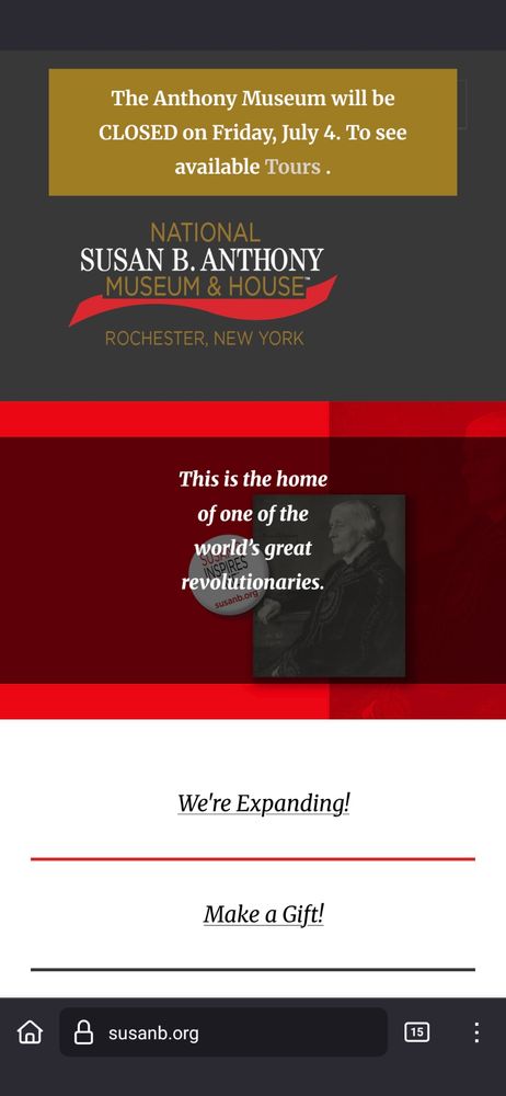 Screenshot of Susan B Anthony Museum home page. 