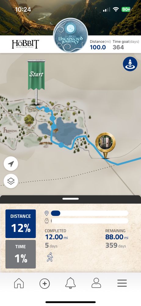 Map of The Shire showing distance walked, from the Conqueror app, The Hobbit Virtual Challenge. 12 miles completed.