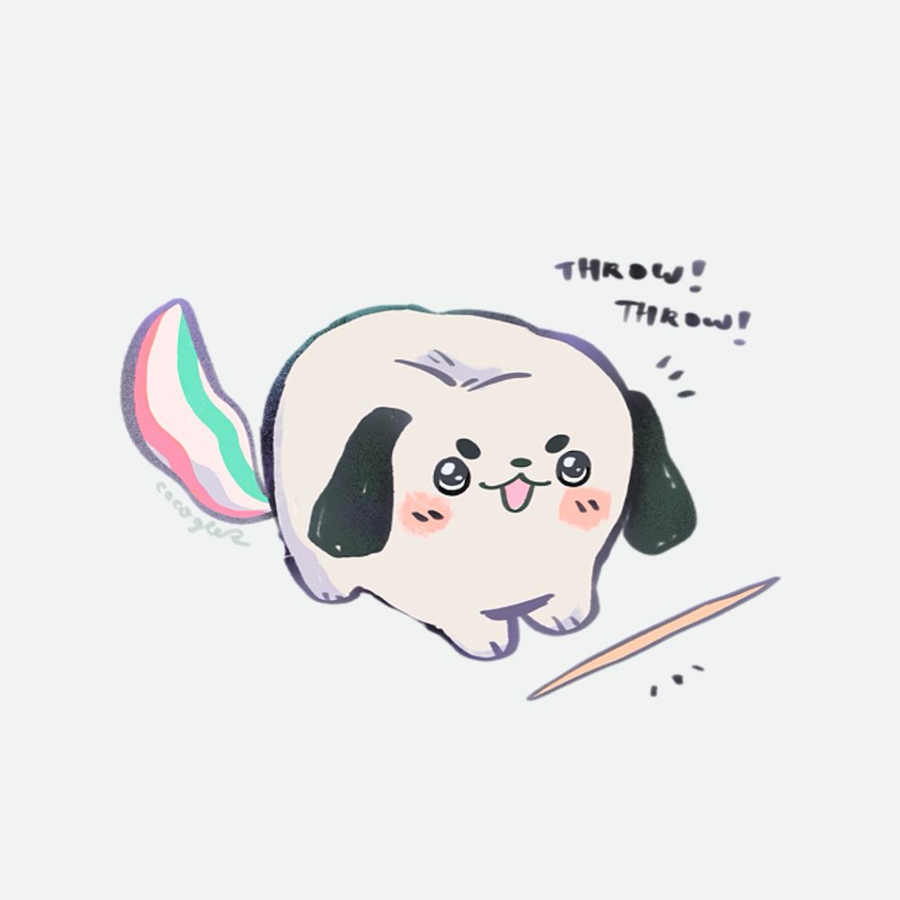 Drawing of the tooth shaped little dog  asking to throw a toothpick