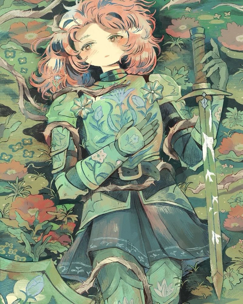 Drawing of a knight woman that is lying down on grass and thorns. One small flower is growing from one of the vines and she is reaching for her sword with a hopeful expression in her eyes.