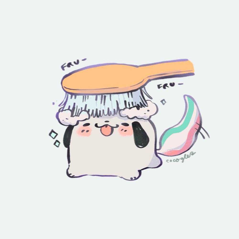 Drawing of a tooth shaped little dog  being brushed by a toothbrush