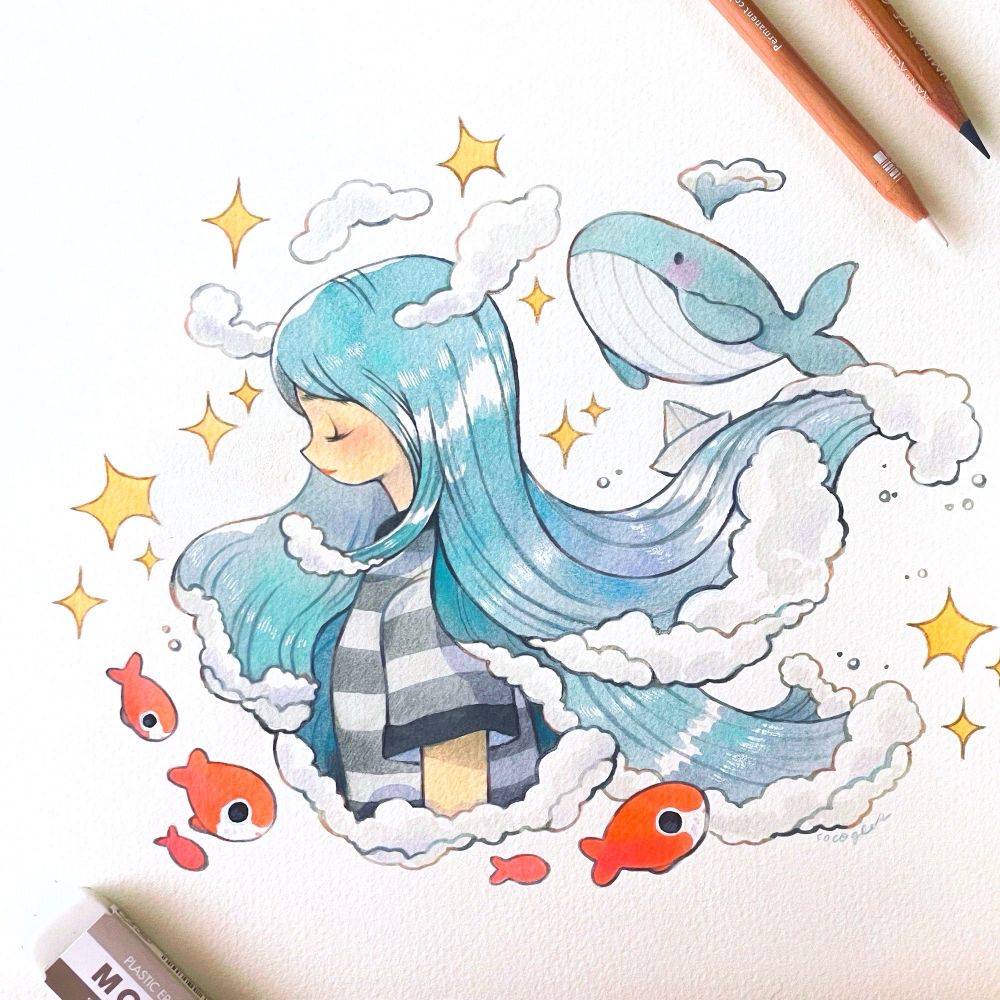 Illustration of a girl with hair that is made of water, creating waves where fish and whales can swim