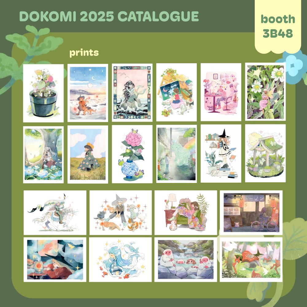 Artist alley catalogue page: a variety of art prints in watercolor, many of which featuring dreamy landscapes with mythical and witchy characters