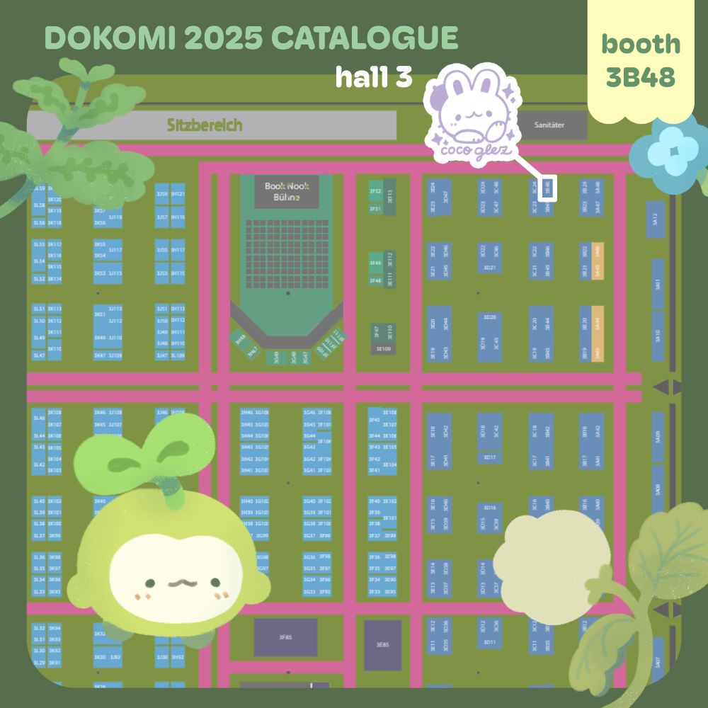 Artist alley catalogue page: map leading to booth 3B48 at Dokomi