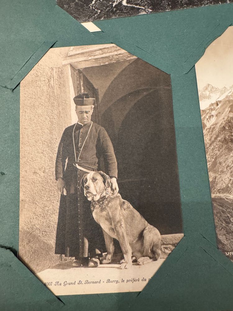 Vintage postcard in an album. Titled 'J. J. 4007 Au Grand St Bernard - Barry, le préféré du père Clavendier'. 
Image shows a priest in a long robe with buttons down the front, and a headdress/hat. His left hand rests on the shoulders of the dog sitting beside him, and he is looking down at the dog, who is giving the camera/photographer a bit of side eye. This is Father Clavendier and his favourite St Bernard, Barry. Barry is a magnificent beast. 
The two of them are standing outside an open doorway, through which we see a carved, arched ceiling disappearing into the darkness beyond. 
This postcard was produced by Jullien frères, Phot. Editeurs, Genève. 