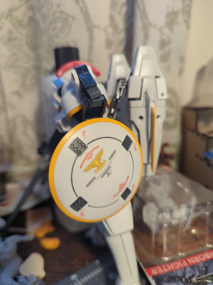 Decals affixed to the Tallgeese model