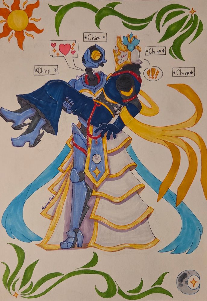 Gabriel and V1 from Ultrakill both wearing dresses that look like the others armor. V1 is carrying Gabriel bridal style.