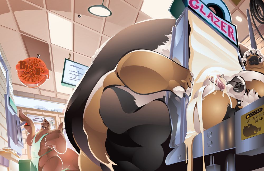 A very fat and nude anthropomorphic bear lies on his back on top of a conveyor machine at a donut shop with his face placed directly underneath the glazing stream, greedily gulping at it. His belly is rising up into the air, while an anthropomorphic sea lion - dressed only in an apron - is operating the lever that controls the machine in the background with one hand while giving the bear a thumbs-up gesture with his other hand.