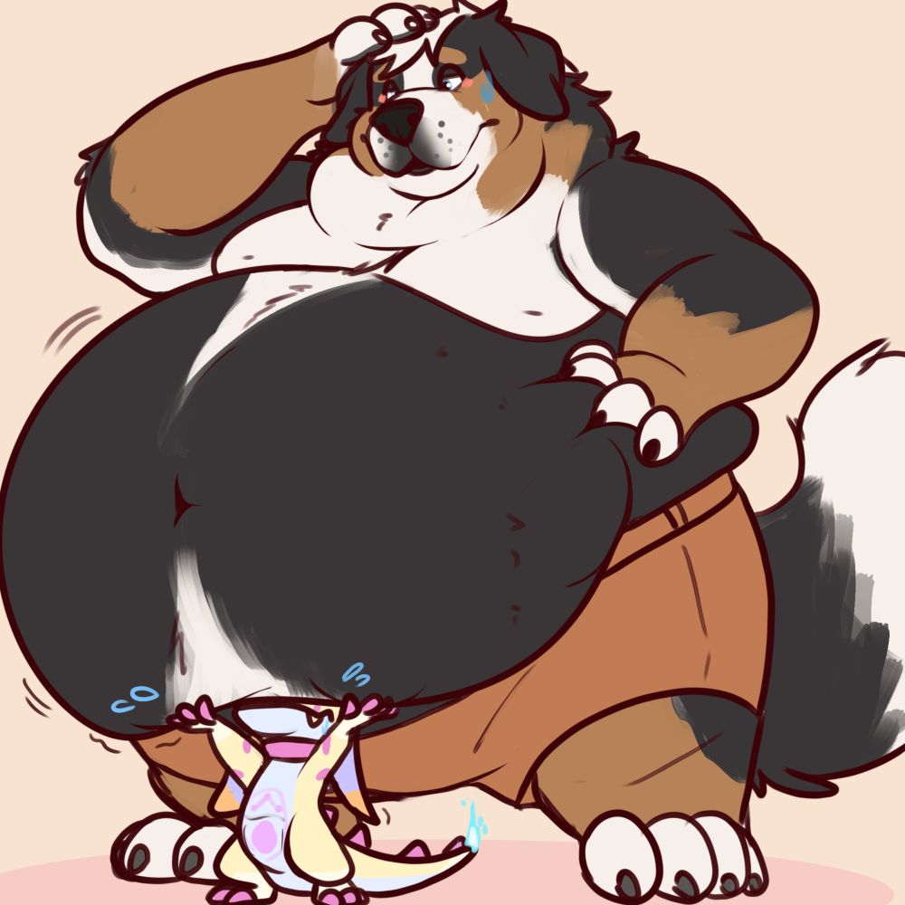 A fat anthropomorphic Bernese mountain dog wearing shorts but no shirt stands with one hand on his side and one hand on the top of his head while his face has a confused expression. A tiny kobold - whose head is half-hidden - is underneath his overhang straining to hold his belly up.