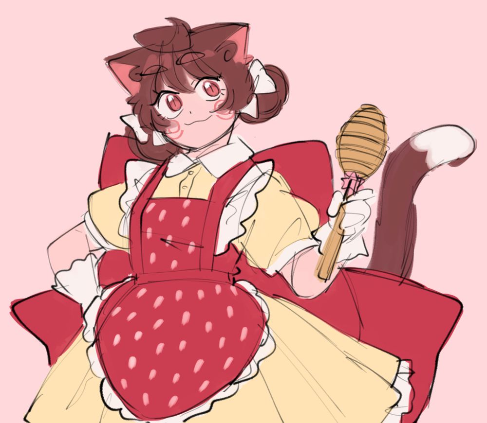 Art of my sona Nekodu in what I call her "baker skin". She's a magical girl in the more old-fashioned sense, since one of her powers is being able to change her appearance and what she wears at will.
She's a nekomimi with brown cat ears and hair tied into low buns with white bows, and a brown cat tail with a white tip. She has fair skin, pink swirls on her cheeks and reddish brown eyes. She's wearing a pale yellow dress with short sleeves and a white collar and a red strawberry-shaped apron with white dots (to resemble a stylized strawberry), with a giant red bow in the back. She's holding a honey dipper. Her other power is that she has a magical star bow that can turn into whatever object or weapon she desires. In this case that would be the honey dipper even though I didn't really spend a lot of time on its design.