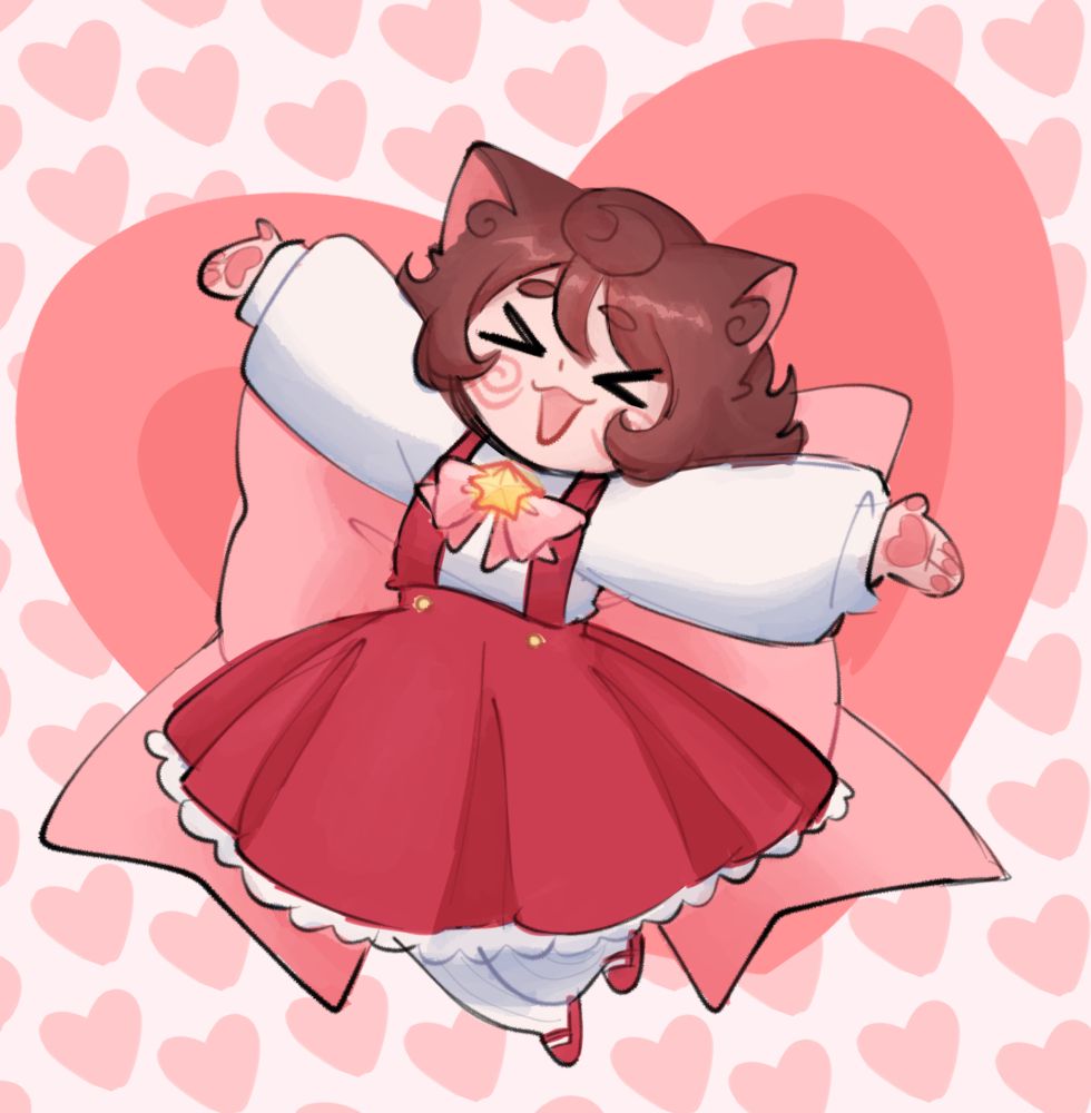 My sona Nekodu jumping surrounded by hearts. She's a nekomimi character drawn in a chibi style, with short brown hair and brown cat ears. She has fair skin and rosy swirls on her cheeks. She's wearing her usual outfit which consists of a long-sleeved white shirt, a pink bow with a glowing gold star at the centre on her collar, a red poofy skirt with suspenders, white tights and tiny red Mary Jane shoes because her feet are tiny. She also wears a huge pink bow on the back of her skirt.
I drew this to answer a very sweet ask on Tumblr. Anytime someone sends me a kind ask complimenting my art or something of the sort I always reply with a Nekodu doodle similar to this one, but this one turned out higher quality than most for some reason. I just like how it looks so I decided to post it here, which I don't usually do with this brand of Nekodu doodles, but I think this one deserves it.
