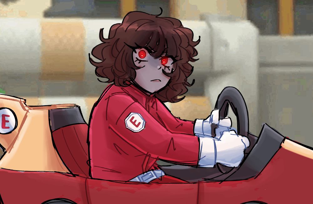 My OC Eiko in a Mario Kart kart in a matching red outfit death staring Luigi