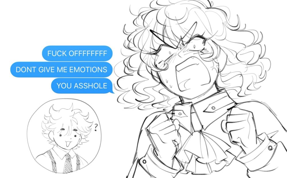 My OC Eiko screaming angrily while quoting one of those message Pinterest memes which reads "FUCK OFFFFFFFFFF/DON'T GIVE ME EMOTIONS/YOU ASSHOLE". Then on the bottom left corner you have my other OC Hayato  just standing there going ":3" in mild confusion