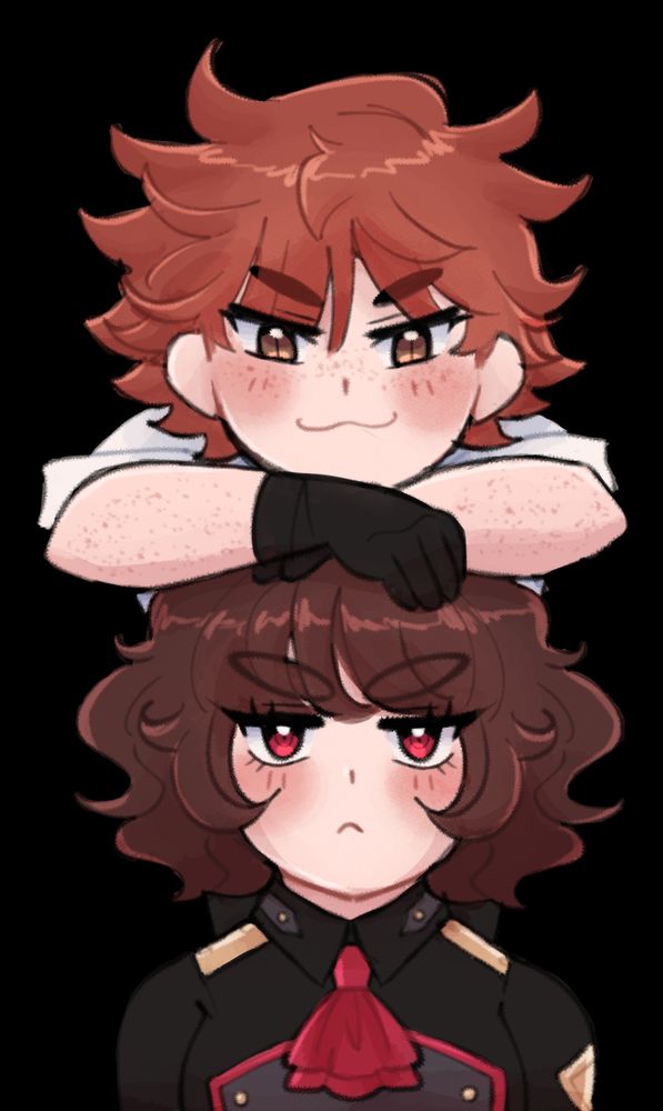 My OCs Eiko and Hayato in a chibi style. Eiko is staring into your soul irritated I guess 💀 Hayato is above her with his elbows resting on her head and looking down at her with the Mischievous Look. This would make a banger bookmark ngl. I've made hand-drawn bookmarks of my OCs before but this would probably look better lmao