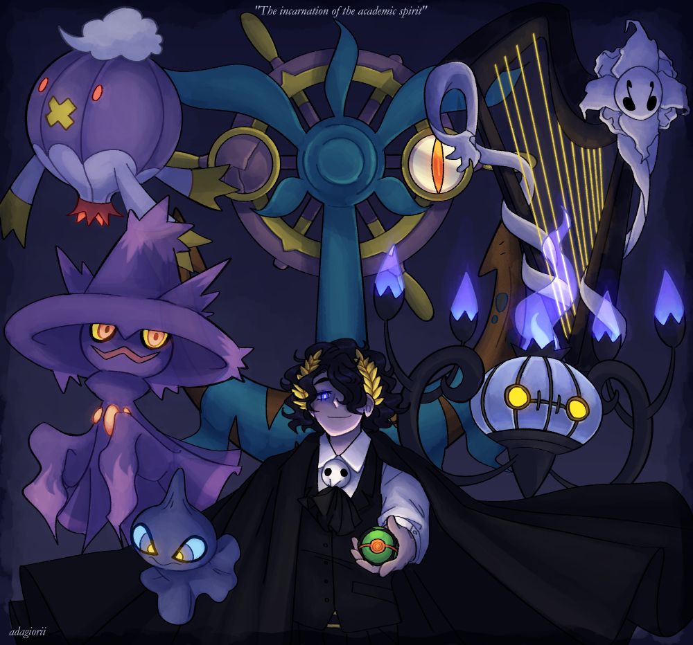 Art of my Pokémon OC Camilo with his team. He has fair skin, wavy black hair with blue highlights that covers his left eye, blue eyes, and a golden laurel wreath on his head. He's wearing a white shirt underneath a black vest, black pants, a tie that resembles a teru teru bouzu doll and a black cloak. He is holding out a Dusk Ball.
To the left, from top to bottom, we have Drifblim, Mismagius and Shuppet; at the centre above Camilo is Dhelmise, and to the right, from top to bottom are Harparition (a fakemon I created and his ace) and Chandelure.
