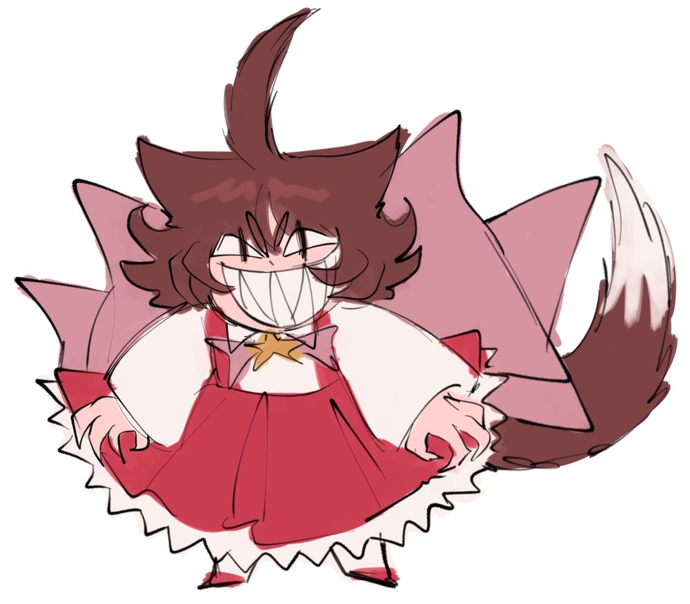 My sona Nekodu but like... evil (ok jokes aside everything that was round in her design is now spiky, her hair is spiky, she has a big ass smile with sharp teeth, her bow is spiky, her other bow is spiky, her tail is spiky, her frills are spiky, her hands are like claws