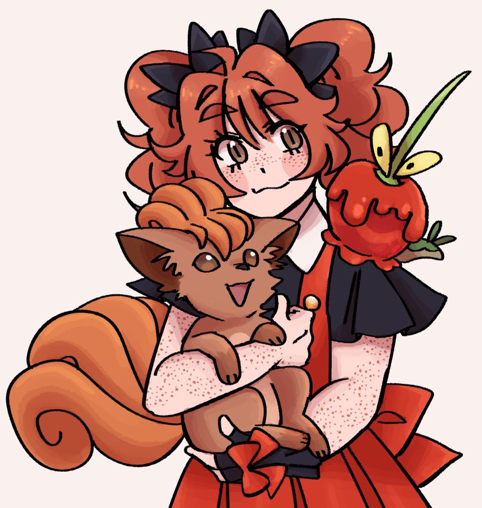 My OC Sanako in a Pokémon AU. She's holding a Vulpix in her arms and has a Dipplin on her shoulder.
I chose the Vulpix because I associate her with foxes, and out of all types, she'd probably be a Fire type specialist; and Dipplin because I also associate her with apples, since part of her name means apple tree.