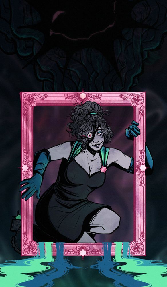 A woman in a dress crawling out of a pink picture frame overflowing with neon colors. 