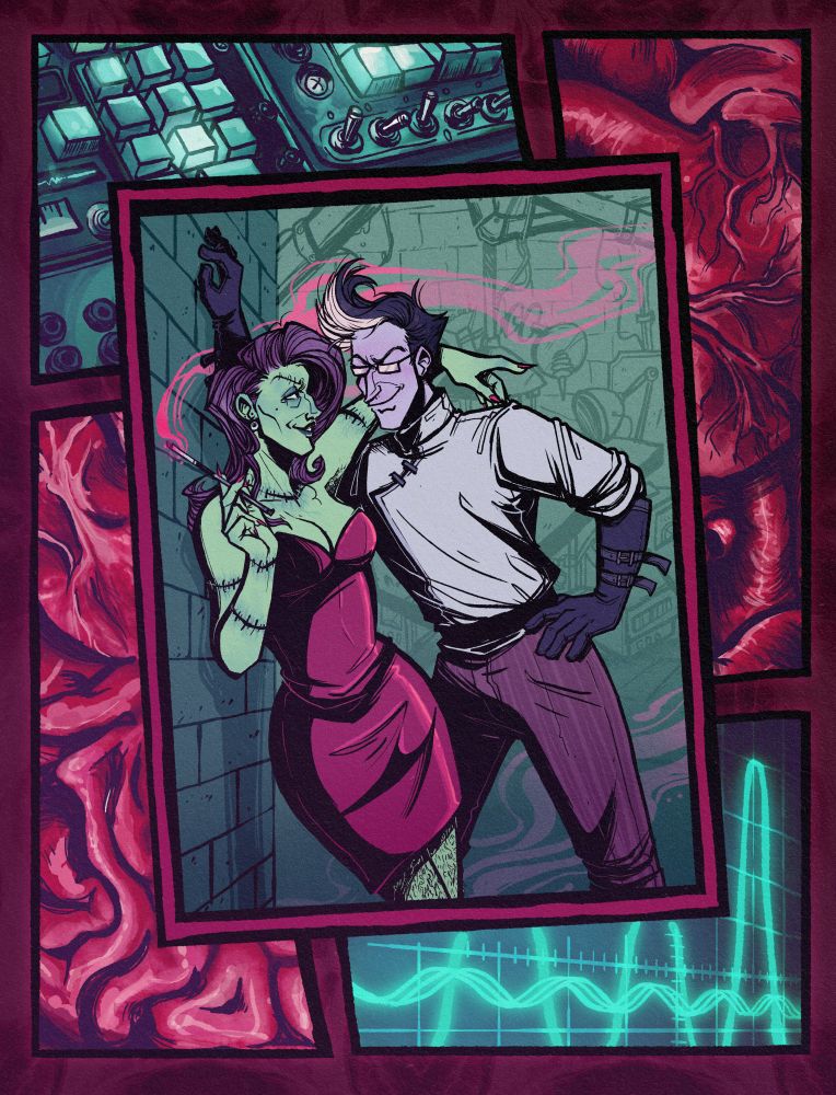 a comic panel with dials and switches, as well as organs and oscilloscope readings surrounding a mad scientist and her reanimated date. 