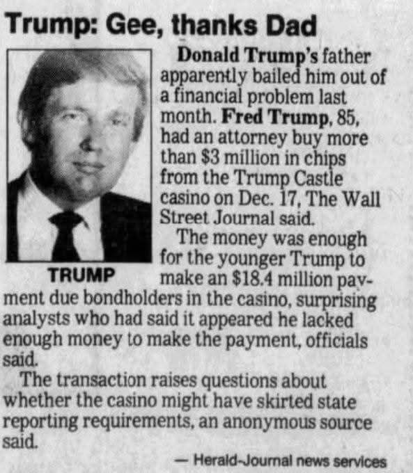 Trump's dad had to bail him out with his casino