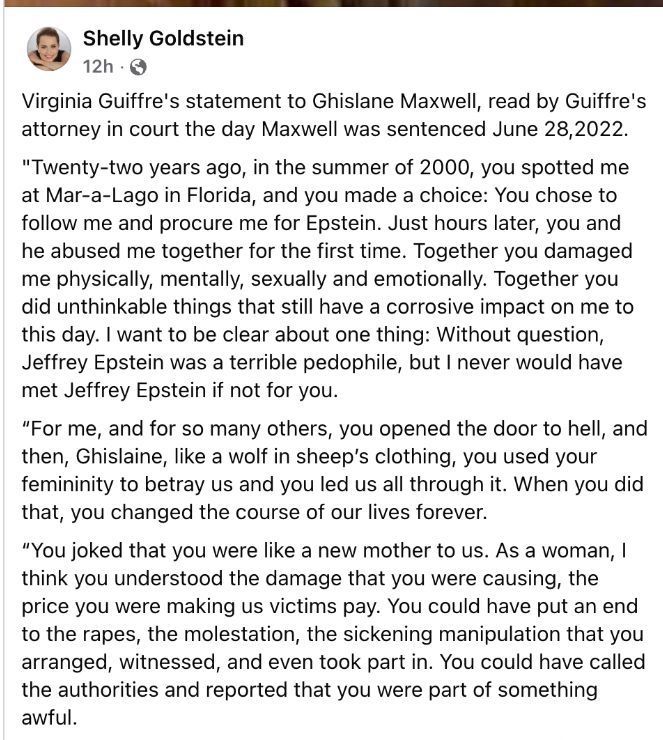 Virginia Guiffre statement to Maxwell read on the day of her sentencing.