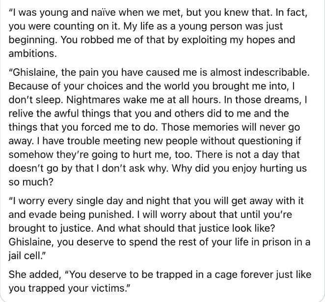 Virginia Guiffre statement to Maxwell read on the day of her sentencing.