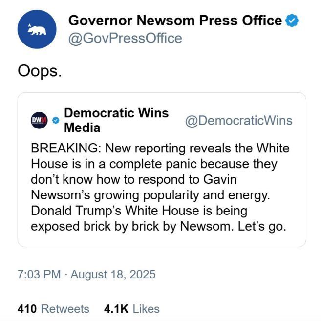 White House in panic over Gavin Newsom trolling