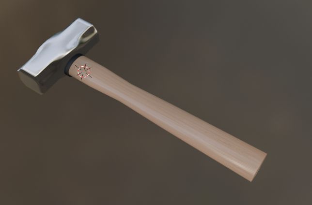 3D model of a steel headed hammer in Blender. The 3D cursor is visible on the handle.