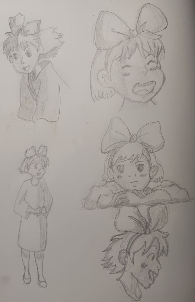 Sketches of the character Kiki from the film "Kiki's Delivery Service" using reference images from the film. 