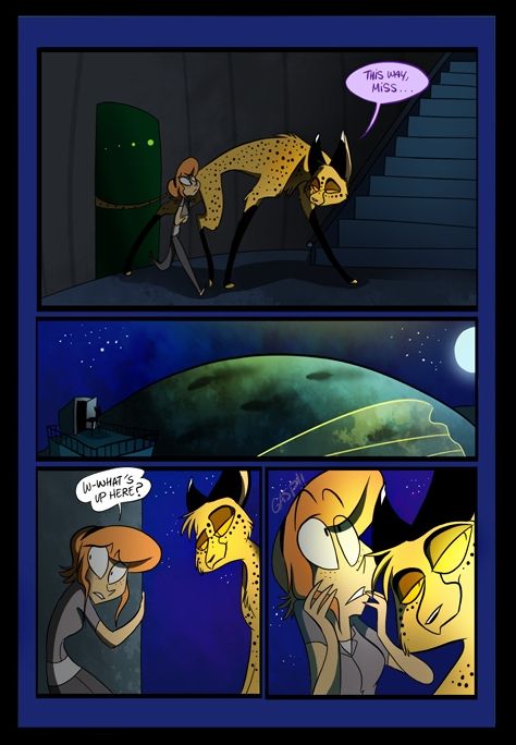 A comic panel of a cheetah (Zechariah) escorting a human (Cameron) to the roof of a building where the night sky is visible in order to show her something interesting. The page does not show what they're looking at.