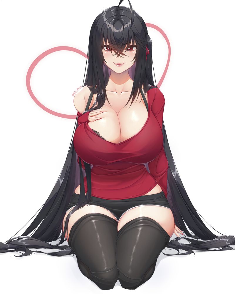 A digital painting of Taihou from Azur Lane sitting seiza style. She is squeezing her upper breast with her right hand while her left hand is touching the ground with her fingertips. Her long black hair cascades down framing her low cut red top. Her black thigh highs are asymmetrically bunched up.