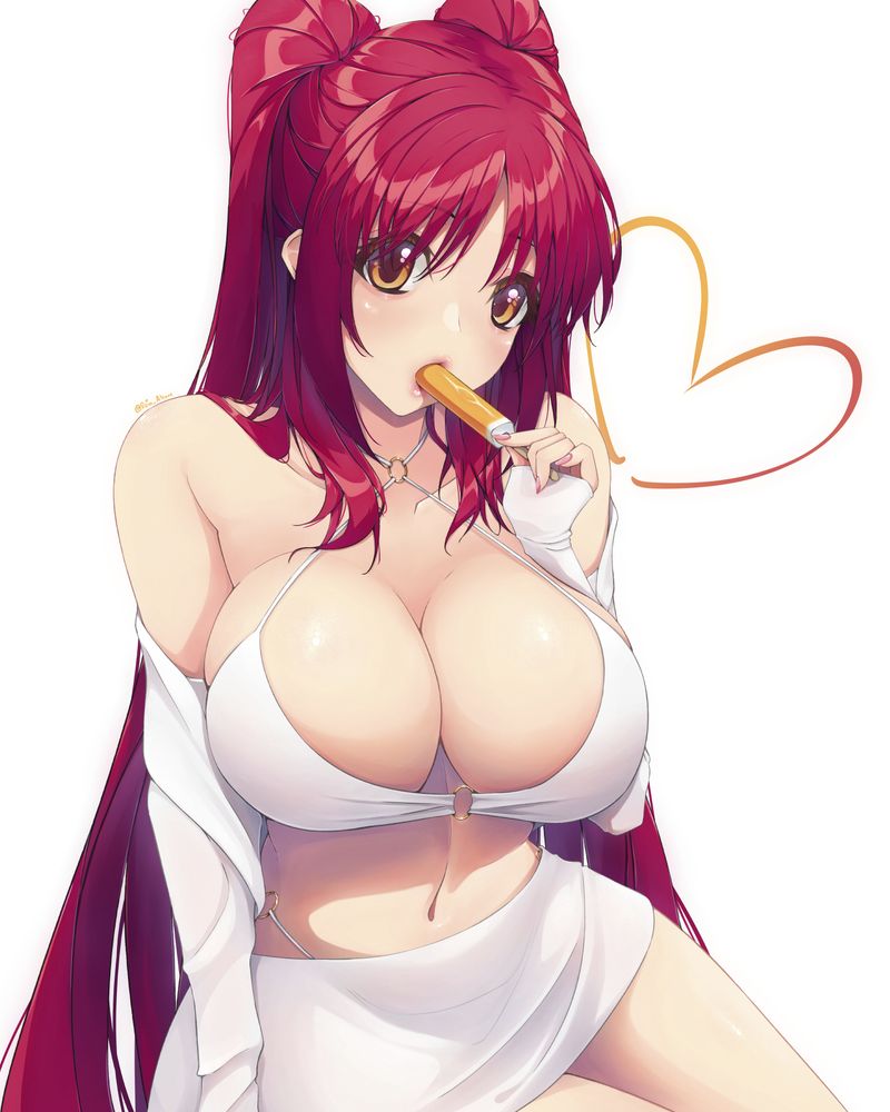 A digital painting of Kousaka Tamaki from ToHeart2 eating an orange cream ice pop. She is wearing a white and gold bikini. She has a white skirt cover-up as well as a sleeved shrug that is coming off her shoulders.
