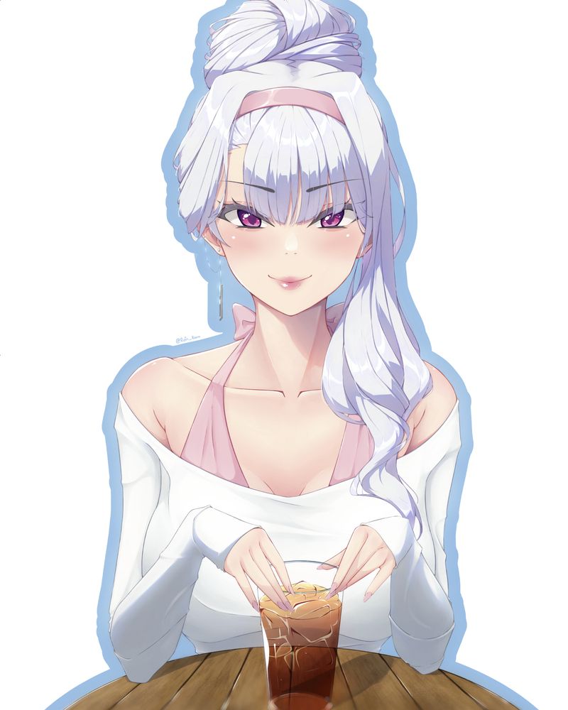 A digital painting of Shijou Takane from iDOLM@STER with a cup of iced tea. She has her hair up in a bun with her left forelock down. A silver earring hangs off her right ear. She's wearing a white low boat neck shirt with sleeves that reach her knuckles.
