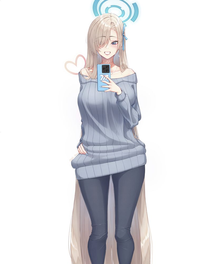 A digital painting of Ichinose Asuna from Blue Archive taking a selfie. She's looking at her phone held near her collar bone with a toothy smile. She's wearing a boatneck stone blue ribbed sweater and dark tight jeans. Her sky blue phone is in her left hand while her right hand is on her hip.