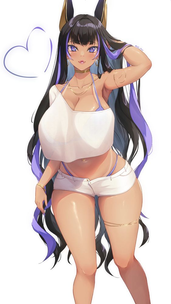 A digital painting of Cleopatra from Azur Lane. She's lifting her hair back with her left arm with a catlike smile. Her cropped white coverup casts a large shadow across her bare belly and white shorts. She's wearing a lot of gold jewelry.
