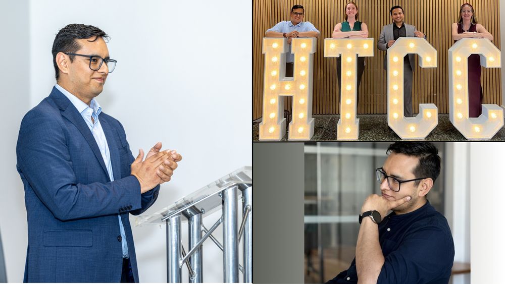 Collage of three photos of Gonzalo Gamboa (featured in article) of him clapping his hands on a podium, with the HTCC project team standing behind large HTCC letters, and Gonzalo with his hand on his chin at an interview.