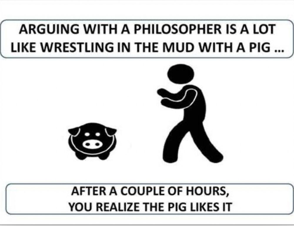 Meme: Arguing with a philosopher is a lot like wrestling in the mud with a pig… after a couple of hours, you realize the pig likes it.