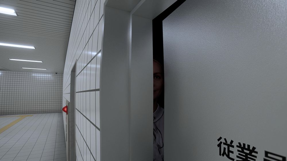 Facing down a long hallway, creepy looking person staring out from a crack in the door