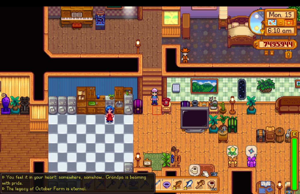 Screenshot of Stardew Valley just after waking up. My wife, Emily, is standing in the kitchen and I am walking down the stairs. A text alert is in the bottom corner of the screen, which reads "> You feel it in your heart: somewhere, somehow... Grandpa is beaming in pride." and also "> The legacy of October Farm is eternal."