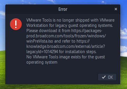 VMware Tools is no longer shipped with VMware Workstation for legacy guest operating systems.
Please download it from https://packages-prod.broadcom.com/tools/frozen/windows/winPreVista.iso and refer to https://knowledge.broadcom.com/external/article?legacyId=1014294 for installation steps.
No VMware Tools image exists for the guest operating system