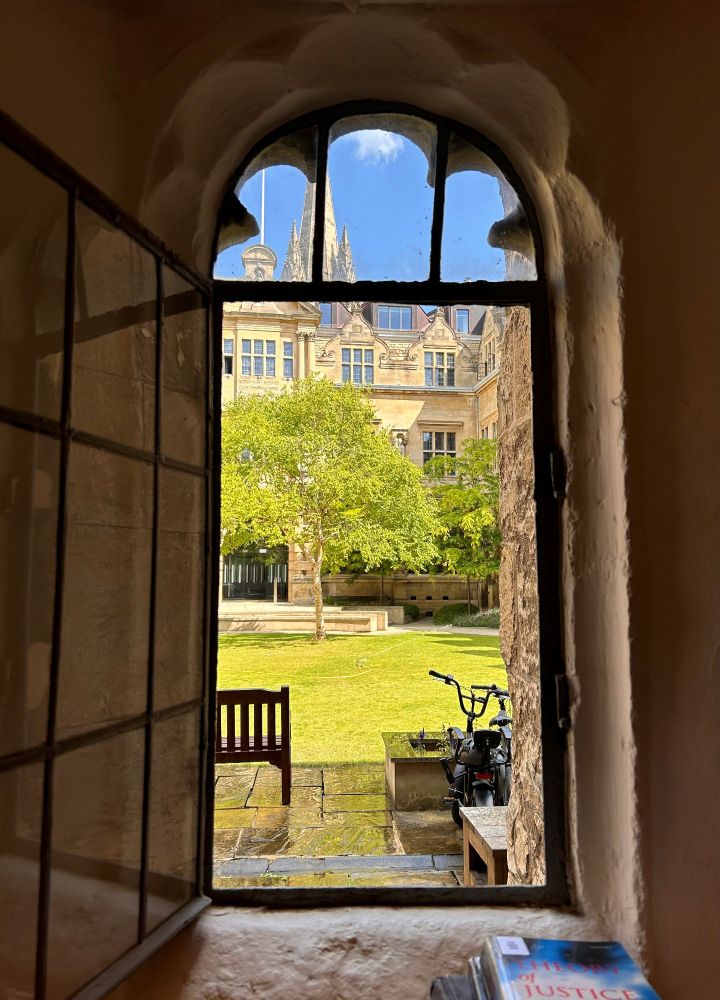 A large open ornate window opens onto a small garden. Behind a tree is a large old building made of light coloured stone. The sky is blue. A bench is just outside the window with a raised bed, where there is a bike lent up against it. The paving stones are wet, indicating that there has just been rain. 