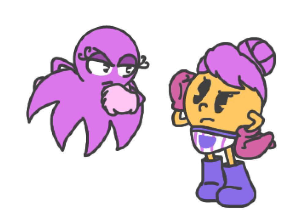 art of Sue (ghost) from Pac-Man and Sue from Pac-Man World 2 (Re-Pac) staring at each other in kind of a judging way