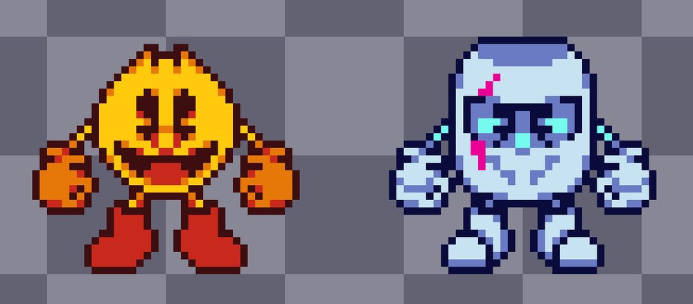 Sprites of Pac-Man in the style of Deltarune. The left sprite depicts Pac-Man's usual look for his light world design. The right sprite depicts Pac-Man in a helmet and armored gloves and boots for his dark world design, inspired by "Sir Pacalot" from the intro of Pac-Man World 2.