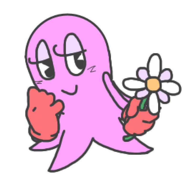 doodle of pinky from pac-man holding out a flower