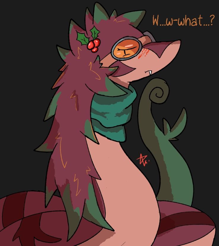 Drawing of solstice the serperior with a fluffy like hair, probably moss, looking at the watcher.