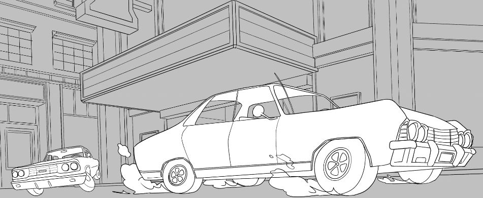 A clean lined image of two cars speeding around the corner of a street with a theatre with a big marquee