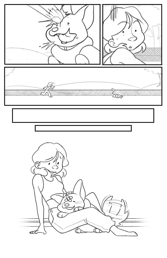 3rd page of comic, instead of catching the ball it accidentally slams into the dogs forehead. The owner looks on with shock and runs towards her dog who’s now hurt on the floor. Theres a little time skip and the owner is softly petting her dog as it lays on her lap happily, bandages on his head