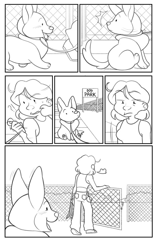 1st comic page, a girl is walking her pet dog when he suddenly stops in place. Turning around she finds her dog refusing to move, wanting to go to the dog park. Tired, his owner opens the gate for him to enter.