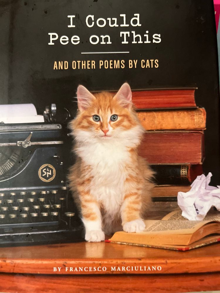 Book with photo of orange cat on front next to old fashioned typewriter and a paw on an open book. Titled I Could Pee on This and Other Poems by Cats. 